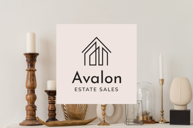 Avalon Estate Sale logo inside blush colored box overlaying image of antiques on mantle