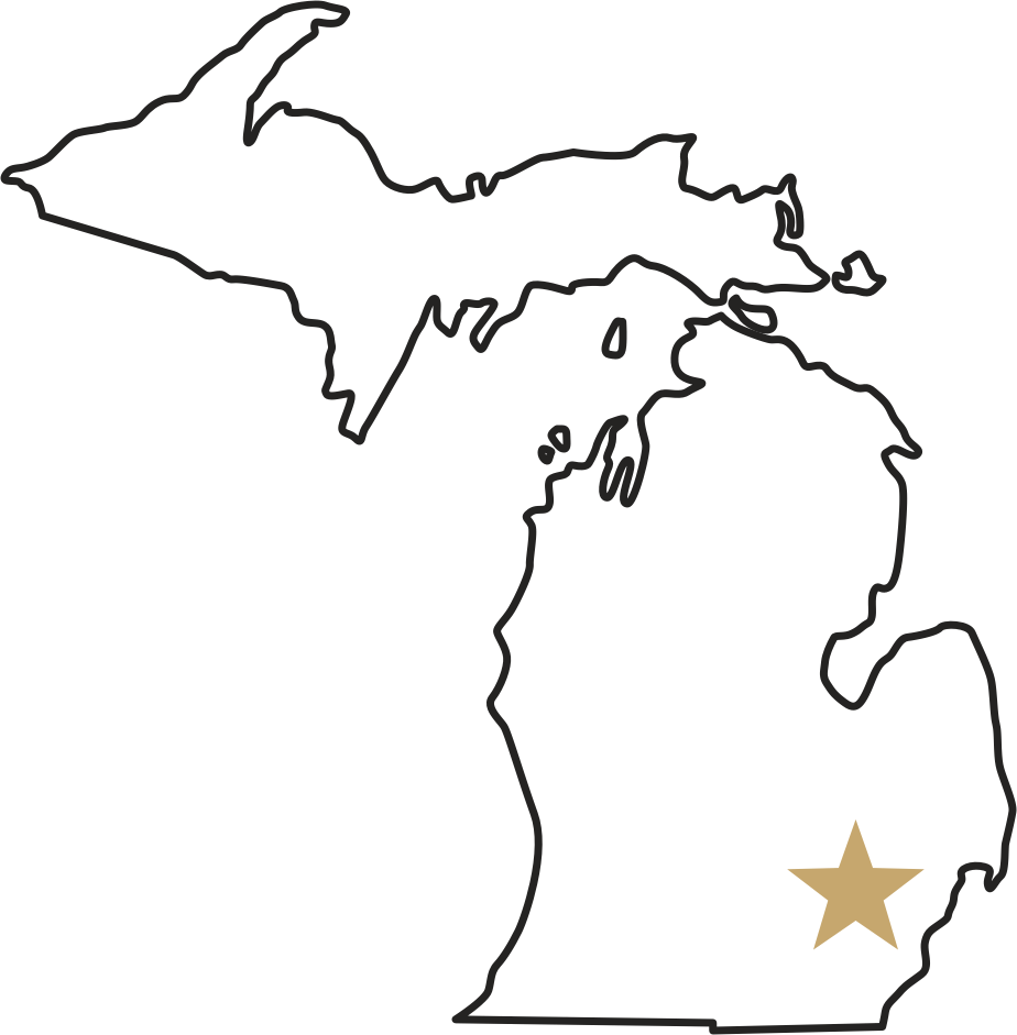 outline map of Michigan with gold star over metro Detroit