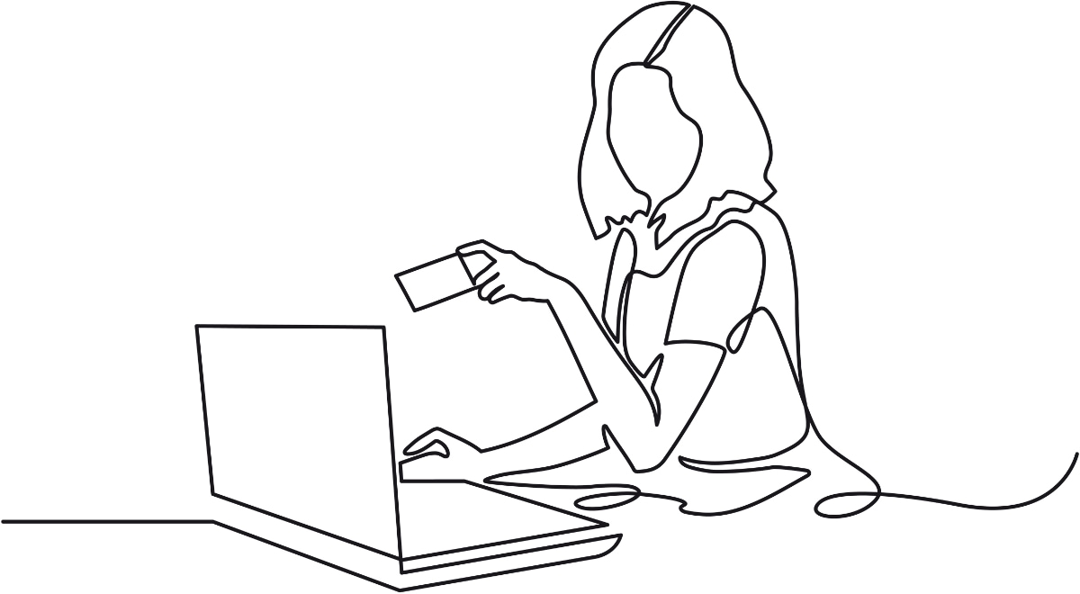 line drawing of woman on laptop holding card