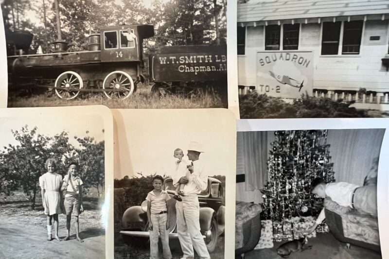 vintage photographs; man on train, squadron poster, people, and Christmas tree