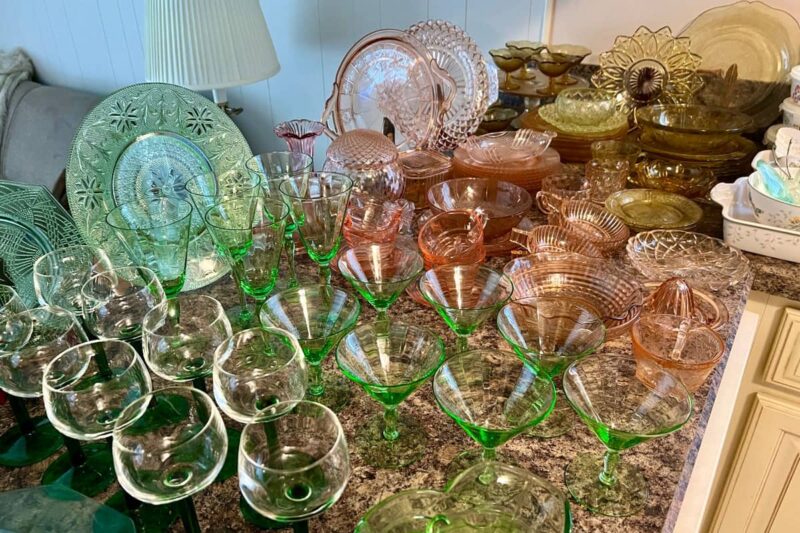Depression era glassware in clear, pink, green, and gold