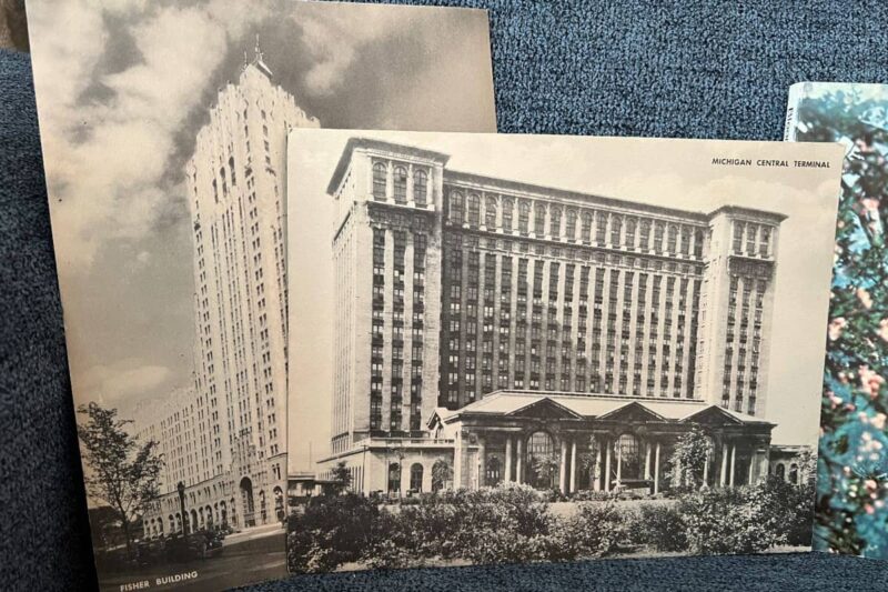 vintage photographs of the Fisher Building and Michigan Central Terminal in Detroit, Michigan