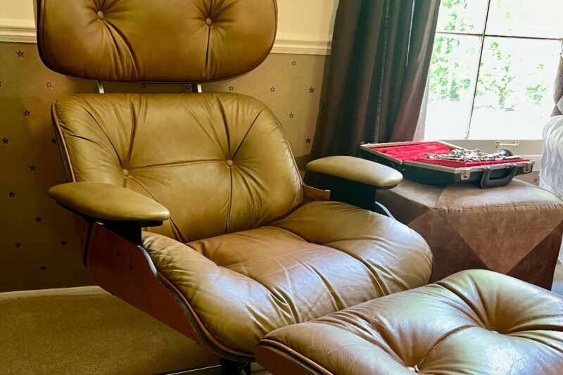 Light brown leather chair and ottoman