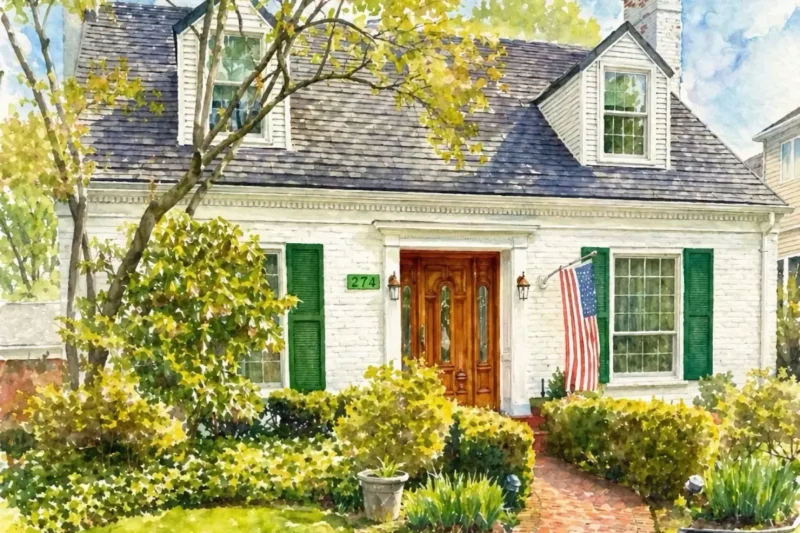 A watercolor painting of a traditional white two-story house with green shutters, a wooden front door, and a US flag. Lush green bushes surround the brick walkway.